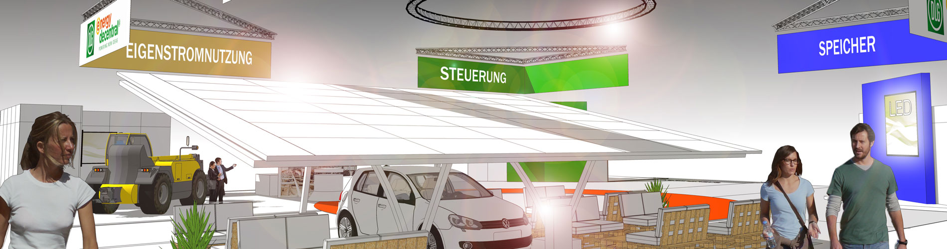 Auto unter Solarpanels in Messehalle